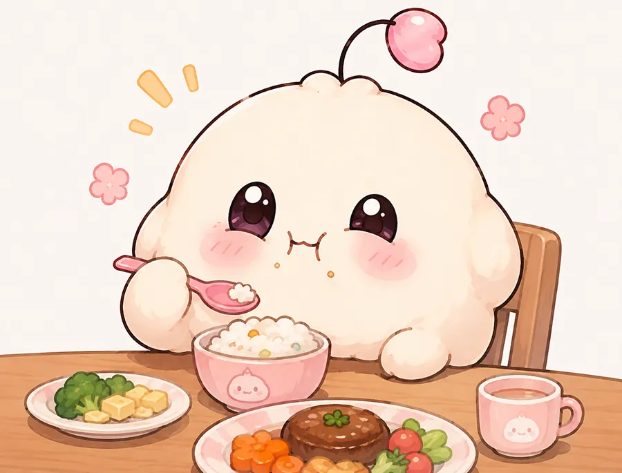 The baby happily eating a meal